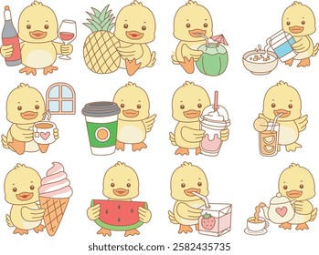 Cute Duck vector icon. Funny baby Duck animal series stock illustration. life of fluffy Duck designs.
Duck in the variation of cold drink and fruits