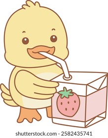 Cute Duck vector icon. Funny baby Duck animal series stock illustration. life of fluffy Duck designs.
Duck is drinking a strawberry milk