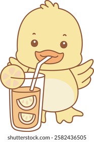 Cute Duck vector icon. Funny baby Duck animal series stock illustration. life of fluffy Duck designs.
Duck enjoy with orange juice