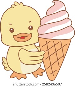 Cute Duck vector icon. Funny baby Duck animal series stock illustration. life of fluffy Duck designs.
Duck bring a strawberry ice cream