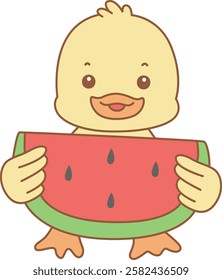 Cute Duck vector icon. Funny baby Duck animal series stock illustration. life of fluffy Duck designs.
Duck bring a watermelon