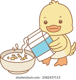 Cute Duck vector icon. Funny baby Duck animal series stock illustration. life of fluffy Duck designs.
Duck pouring a milk into cereal