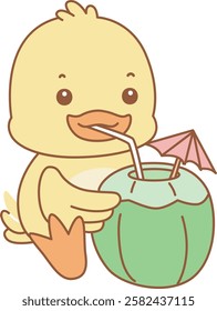 Cute Duck vector icon. Funny baby Duck animal series stock illustration. life of fluffy Duck designs.
Duck drinking a coconut