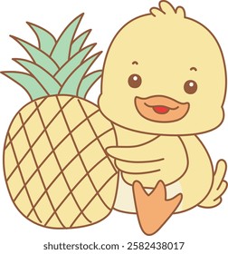 Cute Duck vector icon. Funny baby Duck animal series stock illustration. life of fluffy Duck designs.
Duck bring a pineapple