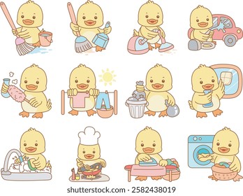 Cute Duck vector icon. Funny baby Duck animal series stock illustration. life of fluffy Duck designs.
Duck in the variation of chores and cleaning service