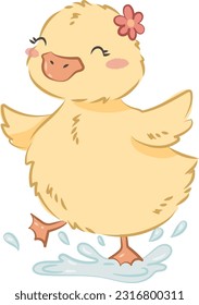 CUTE DUCK - vector illustration, clipart. Little duck with flower, smile. Cute drawing for girls