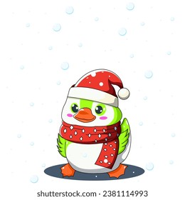 Cute duck vector illustration wearing red santa Hat and red scarf for christmas event gift card
