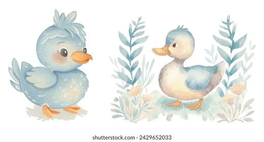 Cute duck watercolor vector illustration 