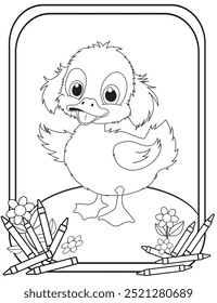 Cute duck is waving its hand children's coloring pages with adorable frame including flowers and pencils. Fun and simple black and white kid's activity worksheets for kindergarten.