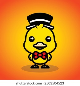 Cute duck wearing a hat illustration with bright colors and line art	