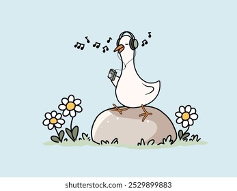 Un pato lindo con auriculares, disfrutando de la música en una roca con flores alrededor. Ambiente lúdico y relajante, perfecto para ilustraciones caprichosas.