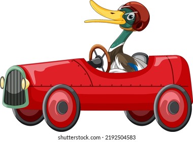 Cute duck wearing helmet driving racing car illustration