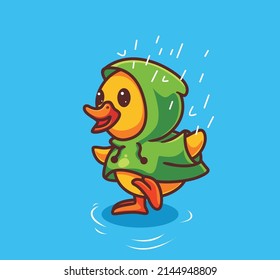 cute duck wearing raincoat rain. isolated cartoon animal nature illustration. Flat Style Sticker Icon Design Premium Logo vector. Mascot Character