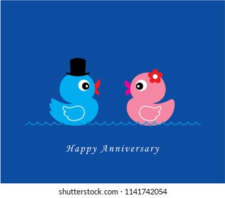 cute duck wedding card vector. cute duck couple anniversary greeting card. duck valentine card.