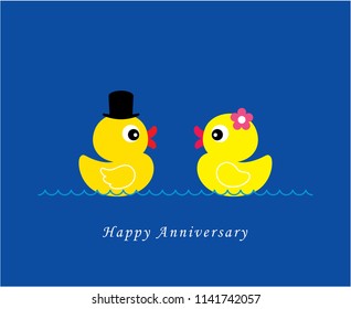 cute duck wedding card vector. cute duck couple anniversary greeting card. duck valentine card.