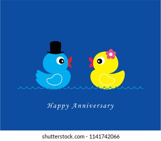 cute duck wedding card vector. cute duck couple anniversary greeting card. duck valentine card.