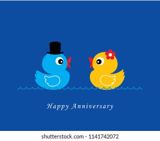 cute duck wedding card vector. cute duck couple anniversary greeting card. duck valentine card.