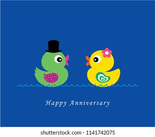 cute duck wedding card vector. cute duck couple anniversary greeting card. duck valentine card.