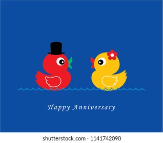 cute duck wedding card vector. cute duck couple anniversary greeting card. duck valentine card.