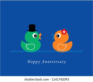 cute duck wedding card vector. cute duck couple anniversary greeting card. duck valentine card.