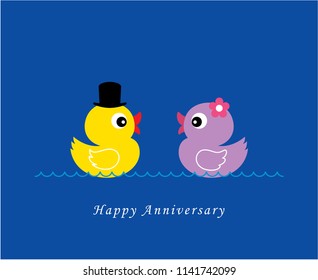 cute duck wedding card vector. cute duck couple anniversary greeting card. duck valentine card.