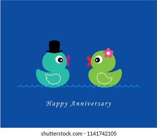 cute duck wedding card vector. cute duck couple anniversary greeting card. duck valentine card.