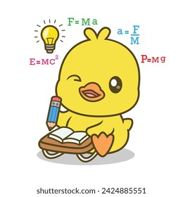 Cute Duck Writing On Book With Pencil Cartoon Vector Icon Illustration. Animal Education