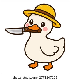 Cute duck in a yellow hat holding a kitchen knife in its beak. Kawaii cartoon illustration with simple shapes, soft colors, and a funny quirky mood.