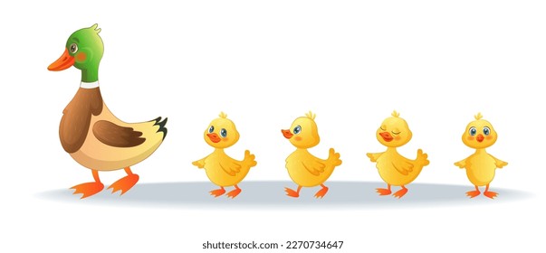 Pato dulce y animales de pato jóvenes. Familia caminando en una granja salvaje, divertidos grupos amarillos, lagos o aves de granja. Mamá con un pequeño vector aislado en una caricatura de fondo blanco tidy ilustración