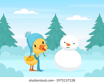 Cute Duckling Baby Making Snowman on Beautiful Winter Landscape Vector Illustration