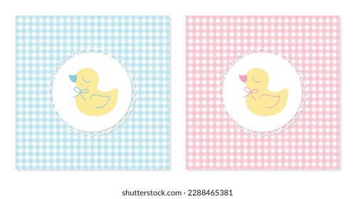 Cute duckling baby shower template for boy and girl. Vector illustration. 