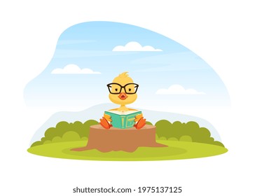 Cute Duckling Baby Sitting on Green Lawn on Beautiful Summer Landscape Vector Illustration