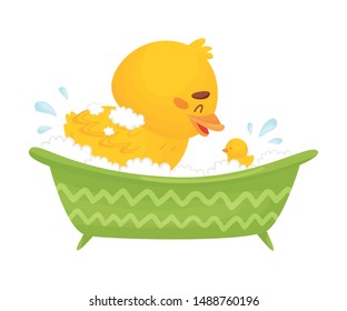 Cute duckling bathes in the bath. Vector illustration on a white background.