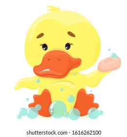 Cute duckling bathes with soap in soap bubbles. Vector illustration in cartoon flat style.
