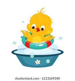 Cute Duckling in Bathroom. Vector Illustration