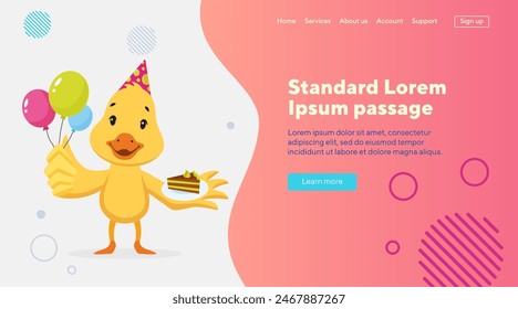 Cute duckling celebrating birthday. Vector illustration. Cartoon character in party hat with cake and ballons. Party, birthday, celebration concept for banner, website design, landing page