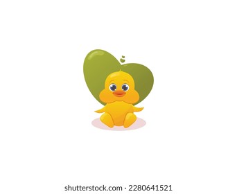 Cute duckling character on the background of the heart