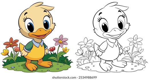 Lindo Pato Libro Para Colorear Para Niños Imprimible. Pato Del Bebé En Vector De Dibujos Animados De Jardín. Ilustración de dibujos animados