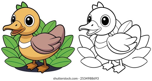 Cute Duckling Coloring Page For Kids Printable. Baby Duck In Garden Cartoon Outline Vector. Animal Cartoon Illustration