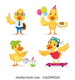 Cute duckling enjoying different actions. Cartoon character set. Going to work, celebrating birthday, gardening, skateboarding. Vector illustration can be used for kindergarten, elementary school