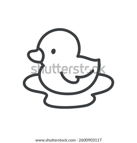 Cute duckling icon. Hand drawn monochrome illustration of a little duck swimming in water isolated on a white background. Kawaii spring sticker. Vector 10 EPS.