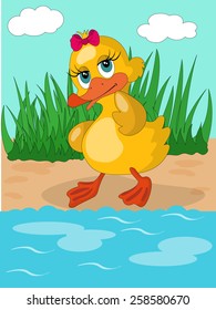 Cute duckling on the pond.