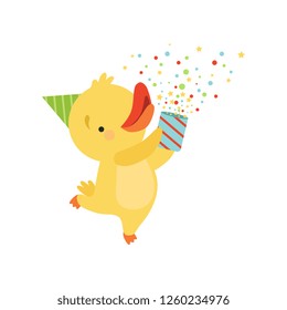 Cute duckling with a party popper, lovely cartoon animal character, design template can be used for New Year or Christmas, Birthday card, banner, poster, holiday decoration vector Illustration