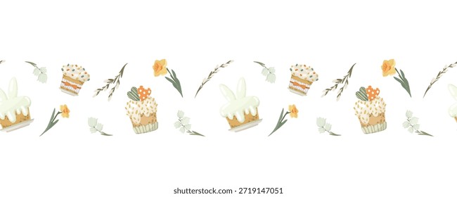 Lindo patito frontera sin fisuras con pastel de Pascua y huevos. dibujado a mano ilustración de primavera con pájaros y comida navideña para textiles festivos o impresión de papel