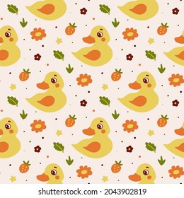 Cute duckling seamless pattern. Design for textile, wallpaper, fabric, wrapping, scrap, gift paper. Vector repeat ornament