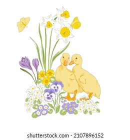 Cute duckling in Spring flourish garden with various Easter florals and butterfly hand drawn vector illustration isolated on white. Vintage delicate romantic nature print poster card