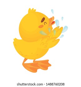 Cute duckling is washing himself. Vector illustration on a white background.