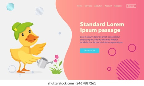 Cute duckling watering flowers. Vector illustration. Cartoon character in hat with watering pot. Gardening, summer concept for banner, website design, landing page