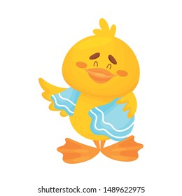 Cute duckling is wiped with a towel. Vector illustration on a white background.