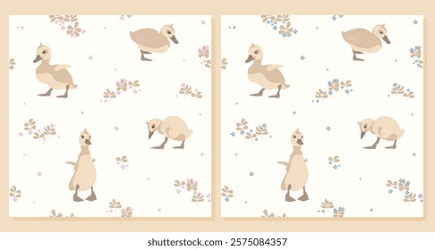 Cute Ducklings Seamless Pattern Vector